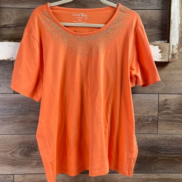 Coral Bay Plus Size Womens Coral Rhinestone Embellish Scoop Neck Tshirt,Size 2X - Picture 1 of 5